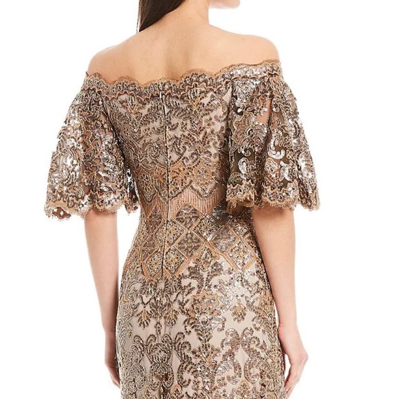Tadashi Shoji off-the-Shoulder Flutter Sleeve Sequin Lace Scalloped Hem Gown - Picture 4 of 7